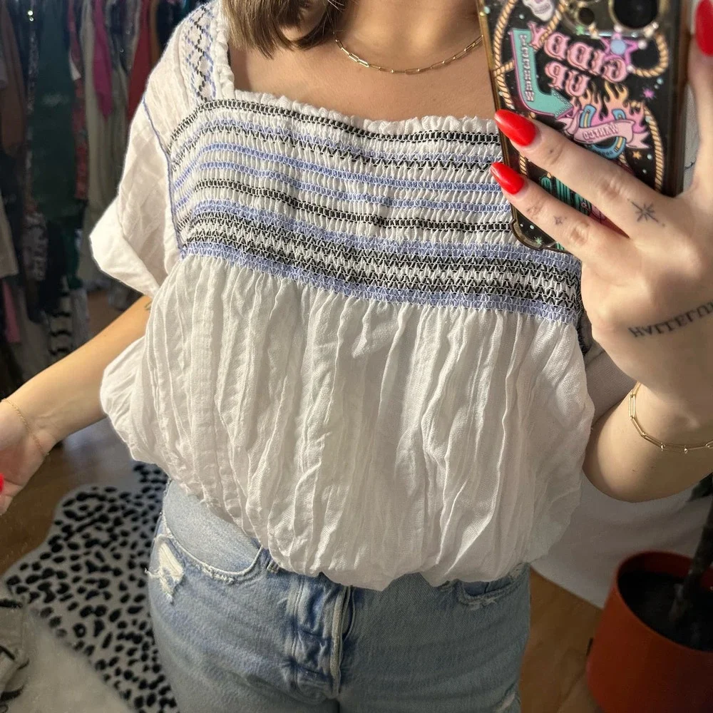 Free People White Boho Smocked Yoke Peasant Top
